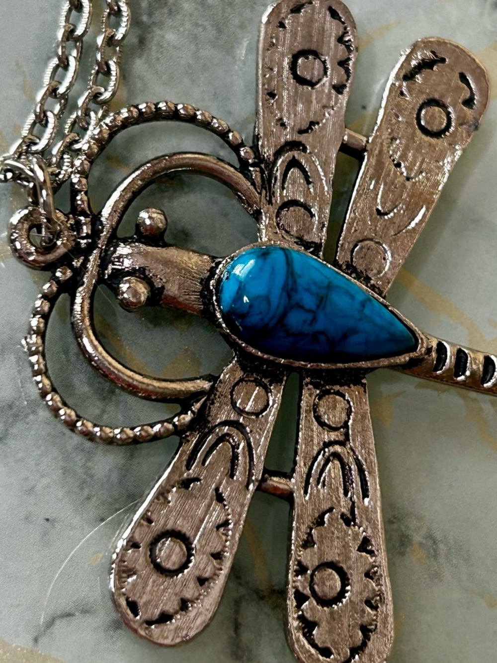 Dragonfly Necklace Natural Stone Faux Turquoise Silver Boho Jewelry Vintage